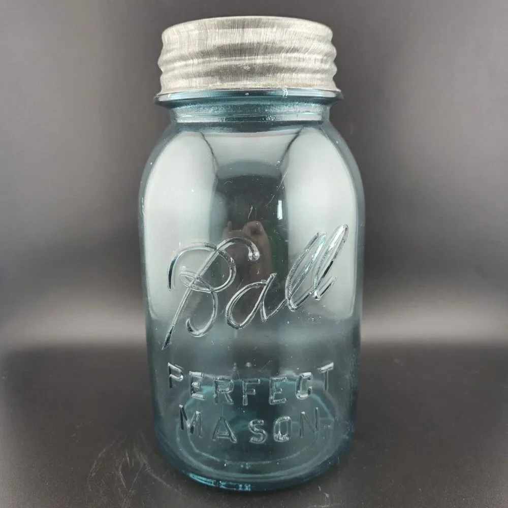 Reverse Ball Mason’s Patent Nov 30th 1858 Ground Lip Aqua Quart Fruit Jar (read)